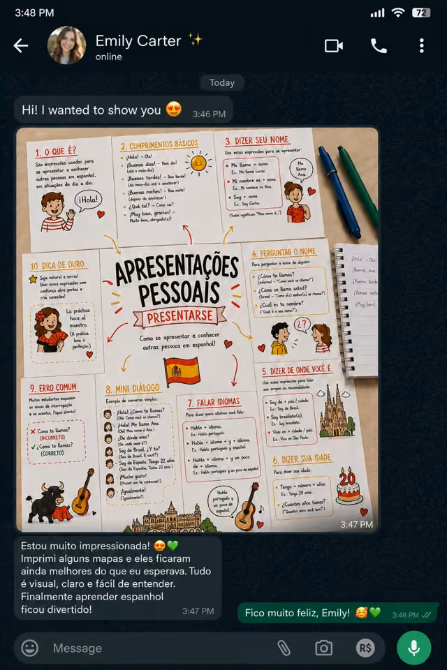 Depoimento de Emily mostrando mapas mentais de espanhol impressos